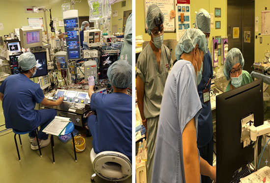 左：心臓血管外科手術の人工心肺操作、　右：心臓血管外科手術の神経モニタリングシステム操作